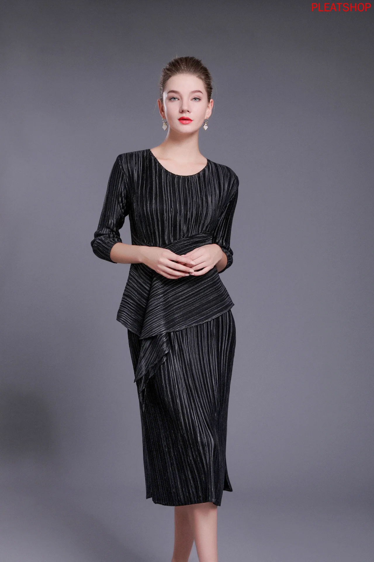 

MIYAKE Pleated 2020 Spring and Summer New Stitching Elastic Slimming Waist Elegant Dress Medium-length Dress Women Vestidos Robe