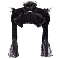 black victorian gothic bolero women jacket with feathers stand collar long sleeve lace and corduroy jackets jaqueta feminina