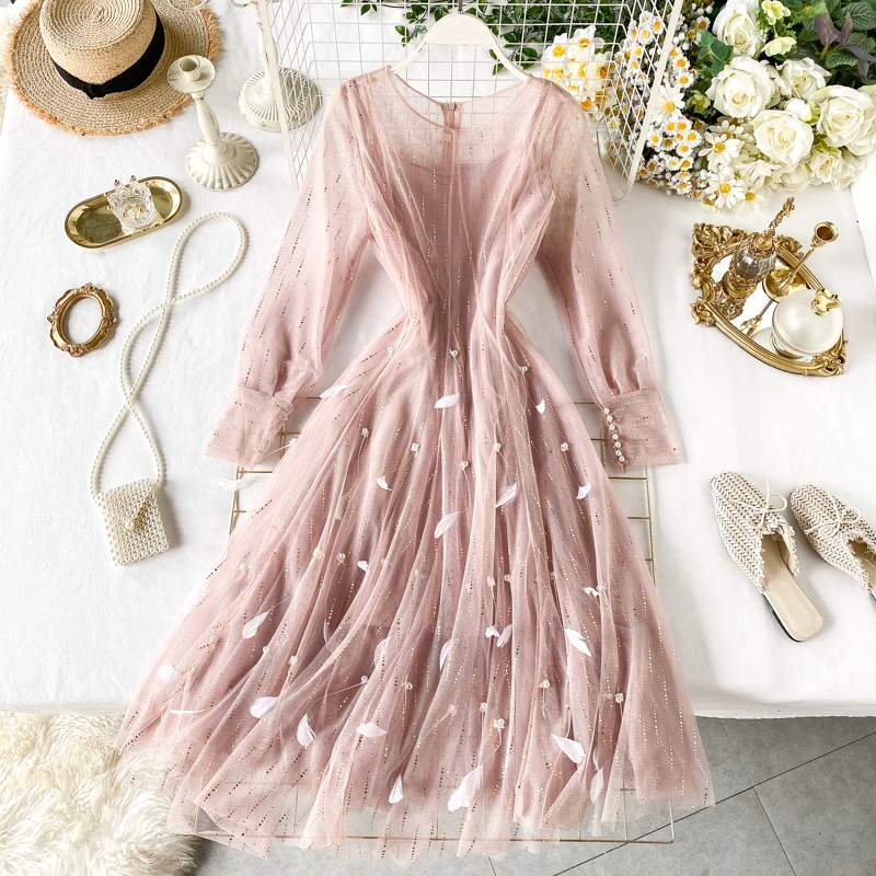 Женское платье с круглым вырезом перьями золотистое Сетчатое длинным рукавом