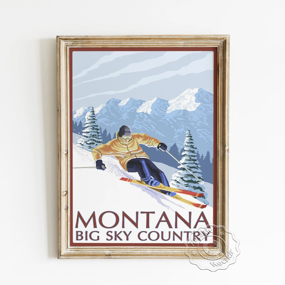 

Montana Skiing Travel Advertising Poster, Big Sky Country Landscape Decorative Painting, Downhill Skier Wall Art Canvas Prints