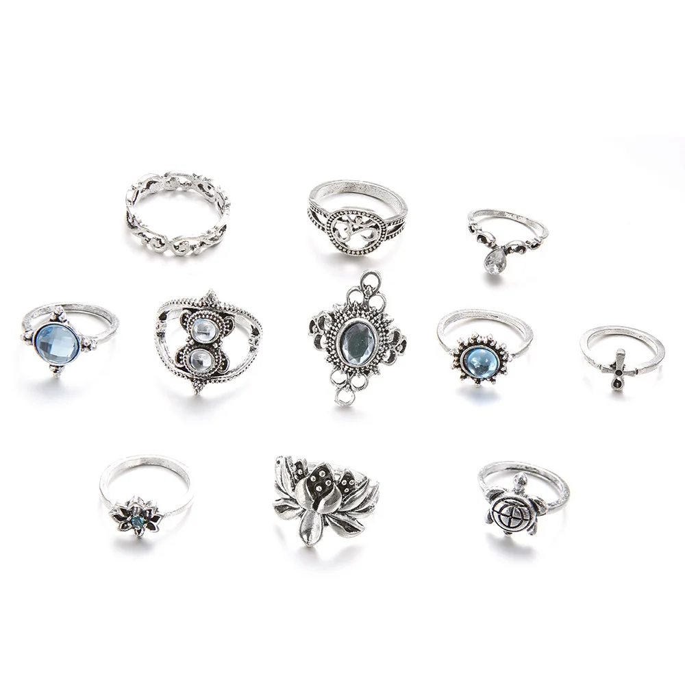 

11pcs boho style dazzling diamond gemstone ring turtle cross lotus combo 11 piece set for female jewelry gift birthday gift