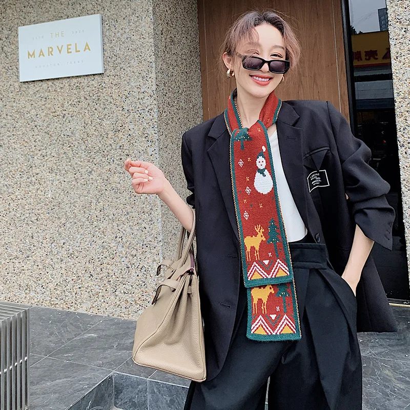 

Fashion Cartoon Print Wool Knitted Scarf For Women Winter Warm Neck Scarfs For Ladies 10*150cm Long Kerchief Christmas Scarves