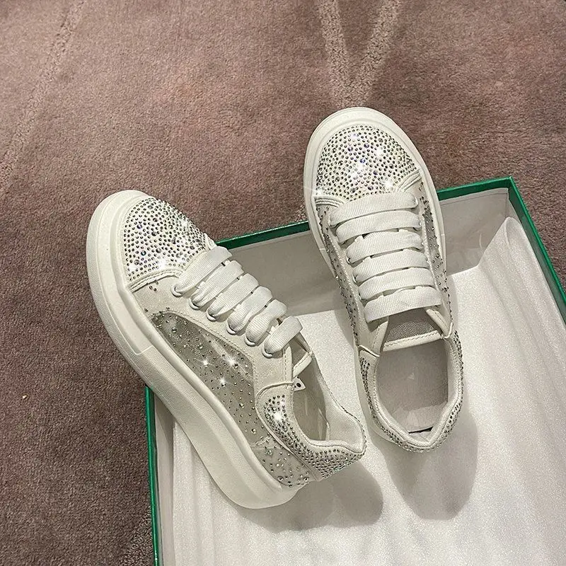 

2021 New Platform Heightened Single Layer Shoes Korean Style Rhinestone Flat White Shoes Female Celebrity Same Women's Shoes