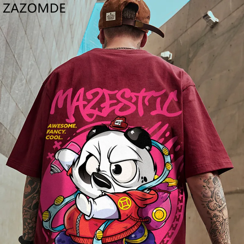 ZAZOMDE Hip Hop Men Harajuku Streetwear T-shirt Fashion Loose Men Student Print Short-sleeved Tee Letter Panda Round Neck Tshirt