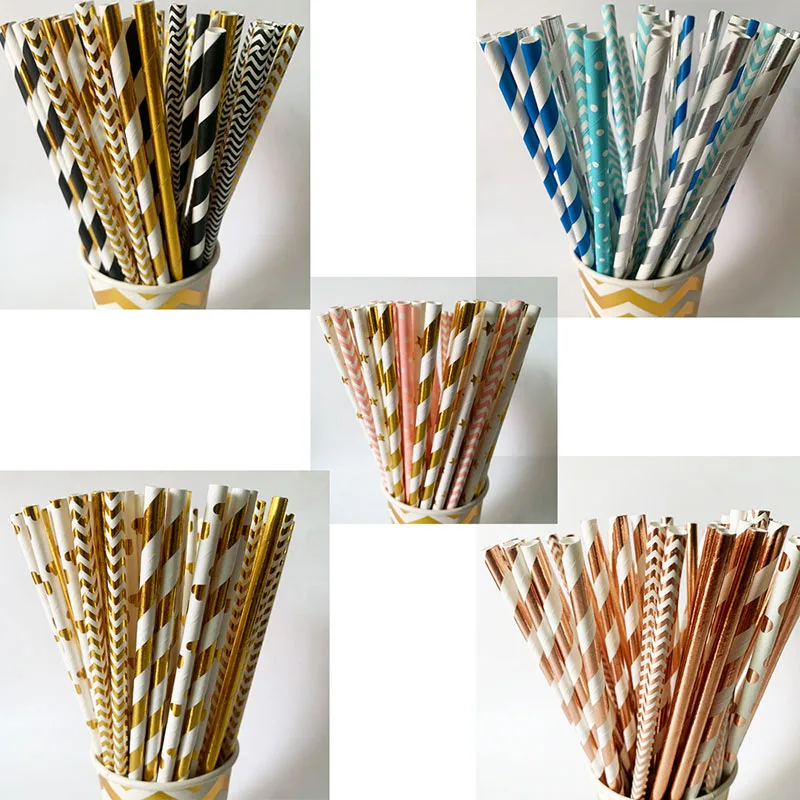 

25pcs Foil Gold/silver Disposable Drinking Paper Straws Rainbow For Birthday Wedding Decoration Christmas Party Event Supplies