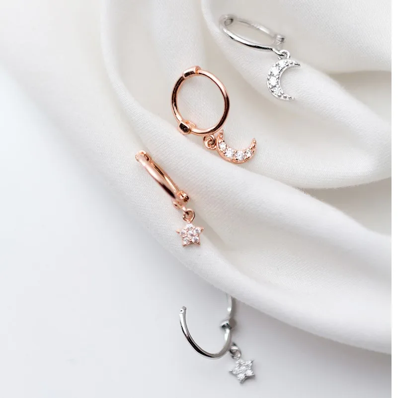 925 серебро Асимметричный небольшой кубический циркон с изображением луны и звезд