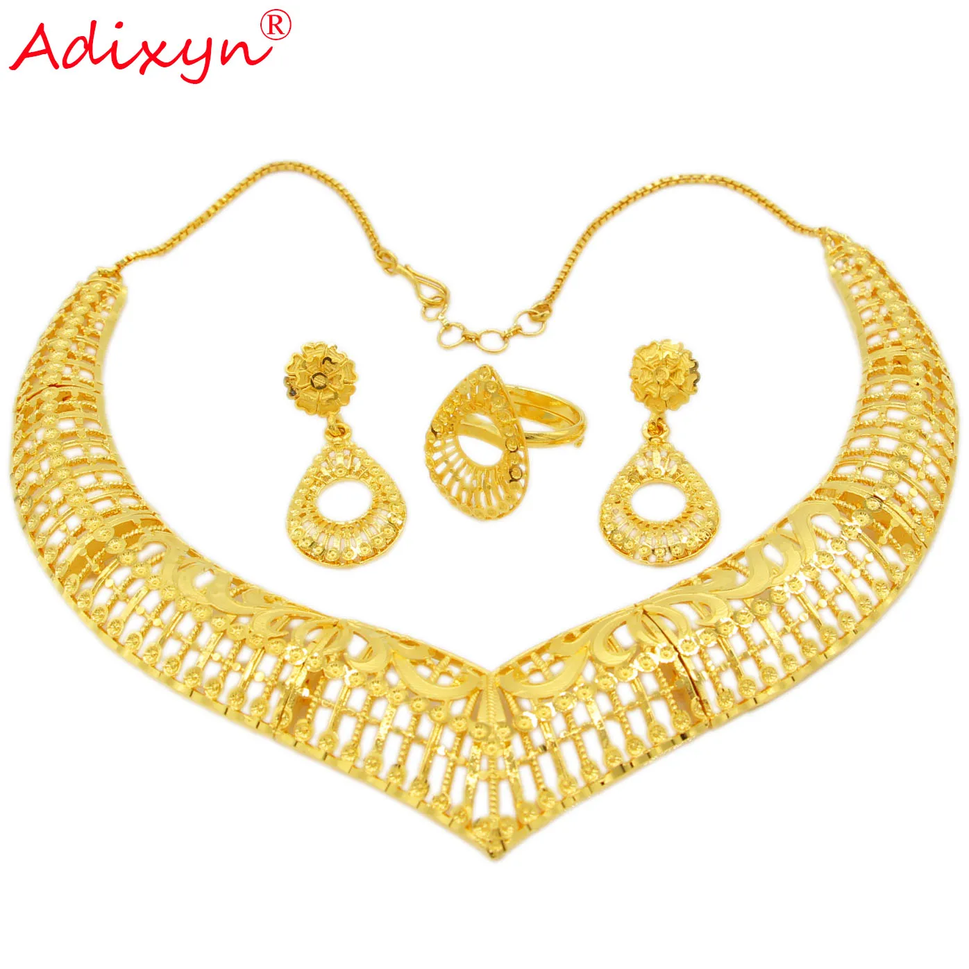 Adixyn полые формы Золото колье цепь серьги кольцо ювелирный набор золото Цвет Медь Ювелирные изделия для женщин девушек вечерние подарки N12307