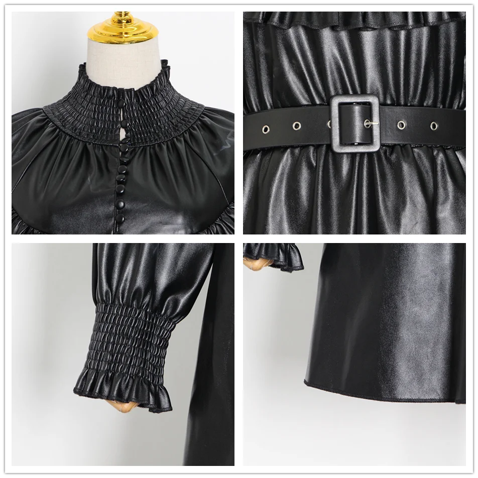 

Ailigou New Female Fashion A-Line Ruffled Female Stand-Up Collar Lantern Sleeves High Waist Belt Retro Pu Leather Mini Dress