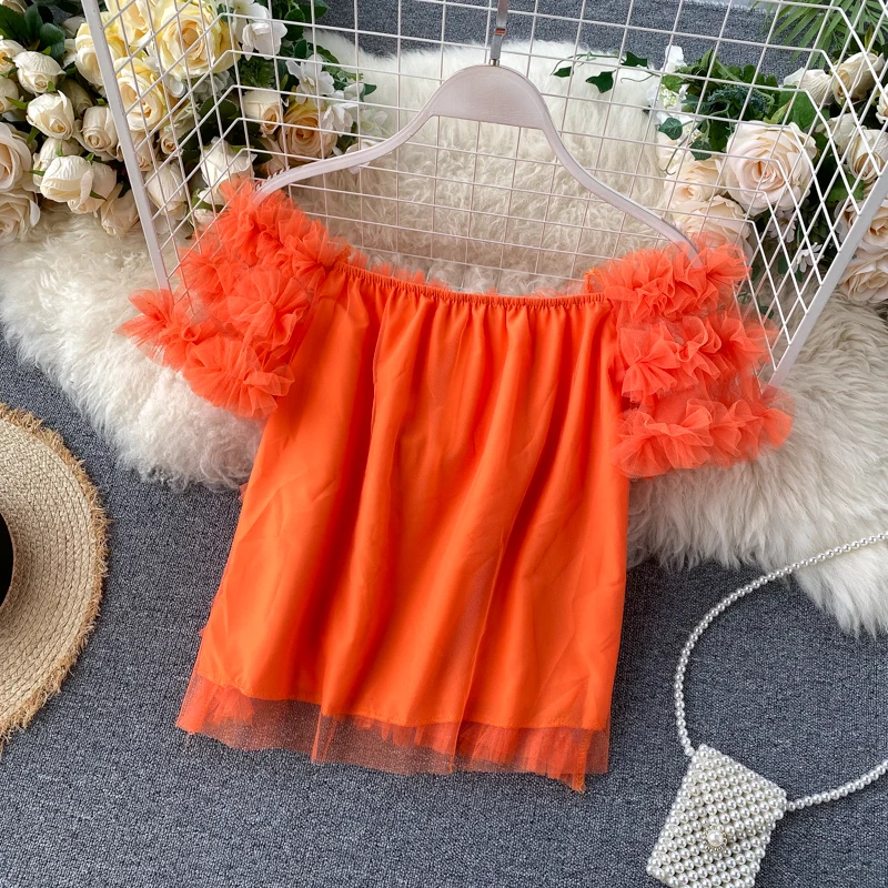 

KUSAHIKI Women Blouses Korean 3D Mesh Ruffle Shirts Slash Neck Short Sleeve Fashion Tops 2021 Summer New Blusa Feminimos 6H036