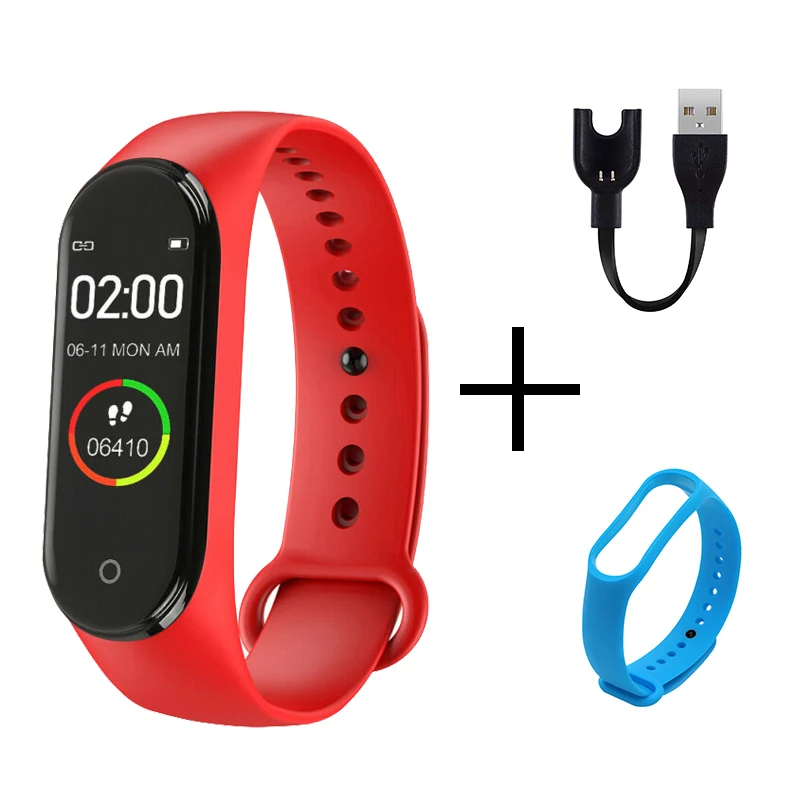 red S blue strap Смарт-браслет M4, фитнес-трекер, часы, спортивный браслет, пульсометр, кровяное давление, монитор, SmartBand, браслет для здоровья для мужчин и женщин - Цвет: red S blue strap
