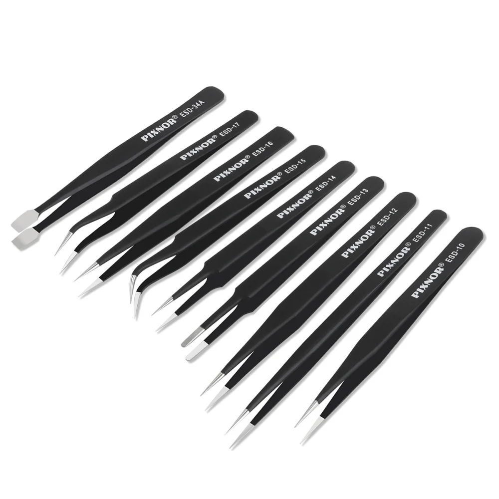 

PIXNOR 9pcs Premium Anti-static ESD Stainless Steel Tweezers Set with Case for Electronics / Jewelry-making / Laboratory Work /