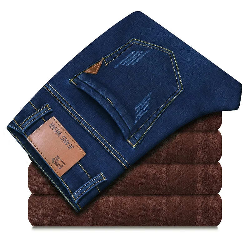 

2020 Mens stretch jeans trendy brand slim fit loose straight winter plus velvet thick long pants denim Trousers Male black blue