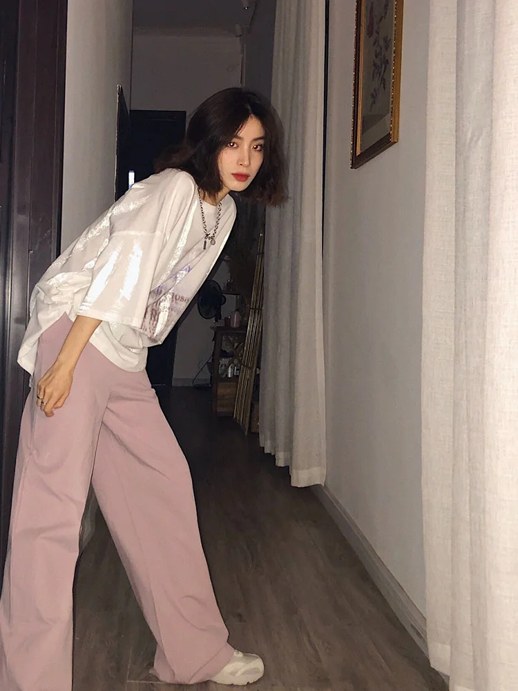 Женская белая футболка лето 2021 новая свободная Светоотражающая с круглым