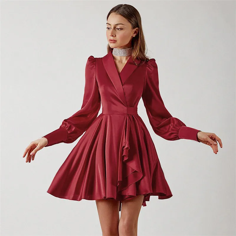 

Women long sleeve v neck satin short dress with sashes Spring autumn swing wrap dress Blue black wine red A-line sukienka
