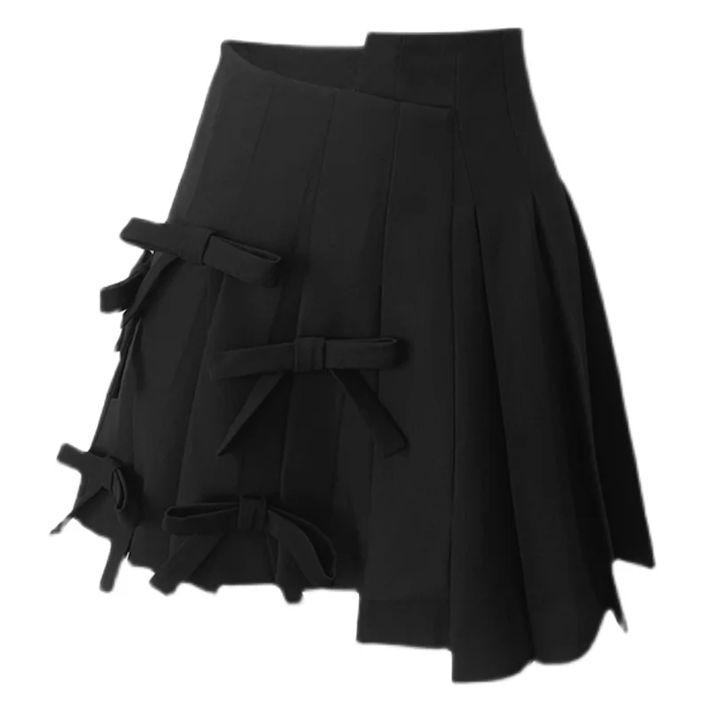 

Korean Three-Dimensional Bow Irregular Black Mini Pleated Skirt Women 2021 Autumn Winter High Waist A- Line Skirt Short Faldas