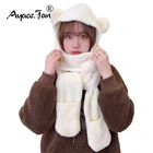 Шапка-бини из хлопка и шерсти, милый мягкий однотонный шарф, перчатки, шапка для зимы, женская шапка с медведем для девочек, теплая шапка с защитой рук и шеи и ушей