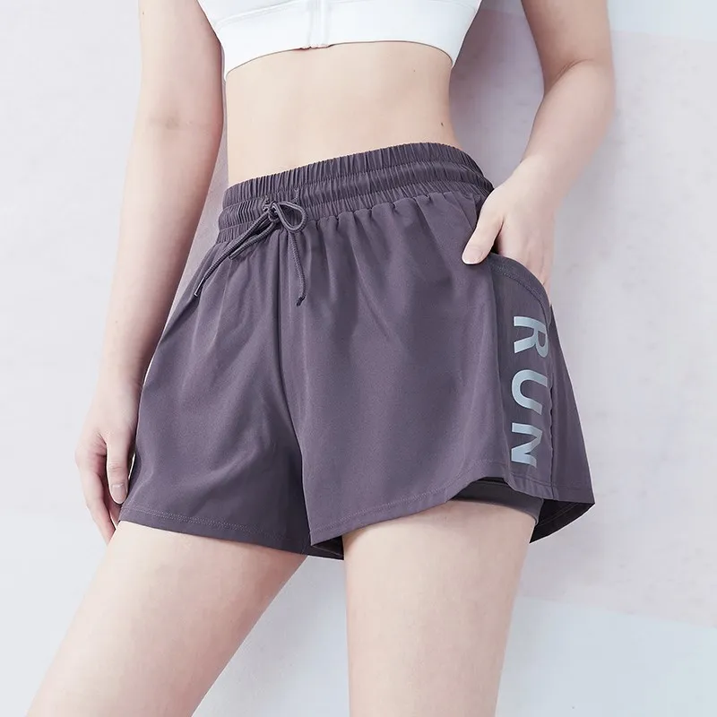 Summer Breathable Women Mesh Yoga Shorts Running Shorts Pocket Quick Dry Gym Clothing Loose 2 in 1 Fake Two Fitness Shorts