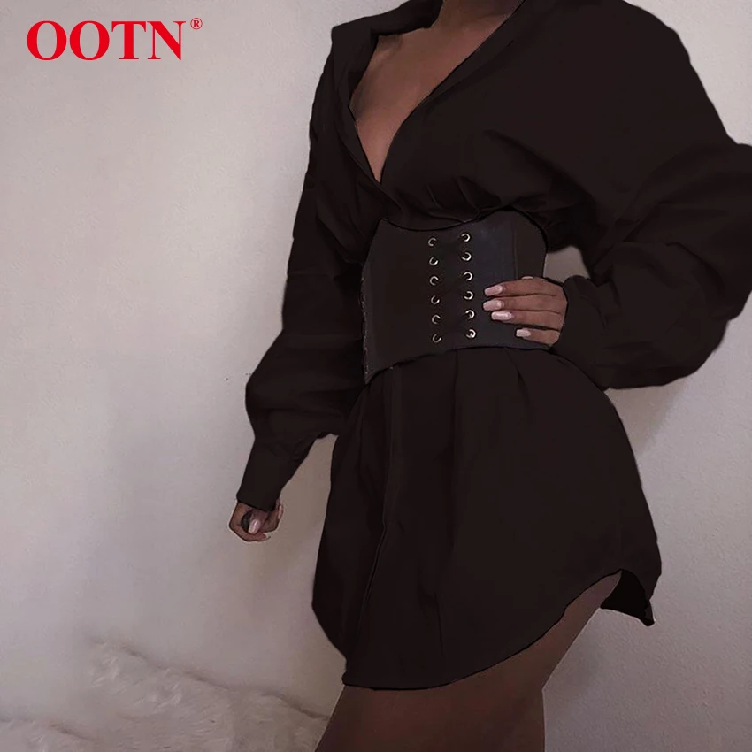 OOTN отложной воротник офисная рубашка платье дамы фонарь с длинным рукавом Элегантная плиссированная Туника белые женские платья осень