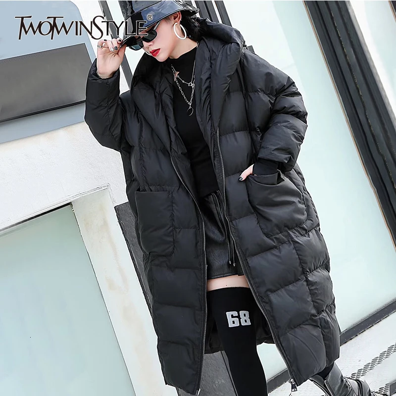 

TWOTWINSTYLE Hooded Parkas Women Long Sleeve Overcoats Female Casual Thick Coat Oversized 2020 Winter Fashion New