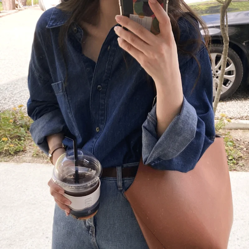 

Autumn Korean Simple Versatile Loose Denim Gentle Shirt 2021 Chic Fashion Casual Long Sleeve Single Breasted Jacket