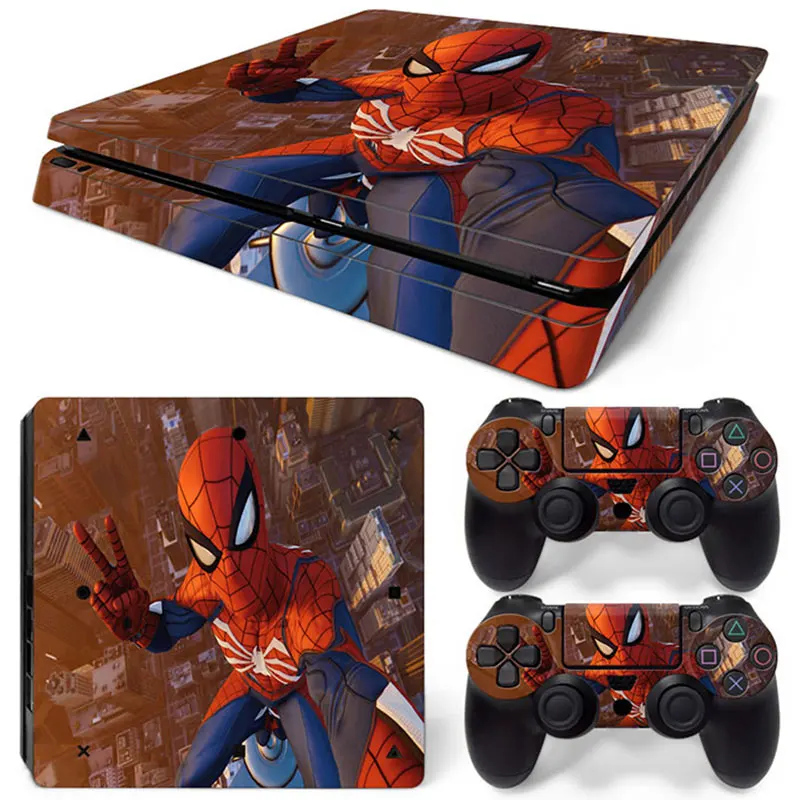 Виниловая наклейка для консоли PS4 Slim и 2 контроллеров с изображением спайдермена