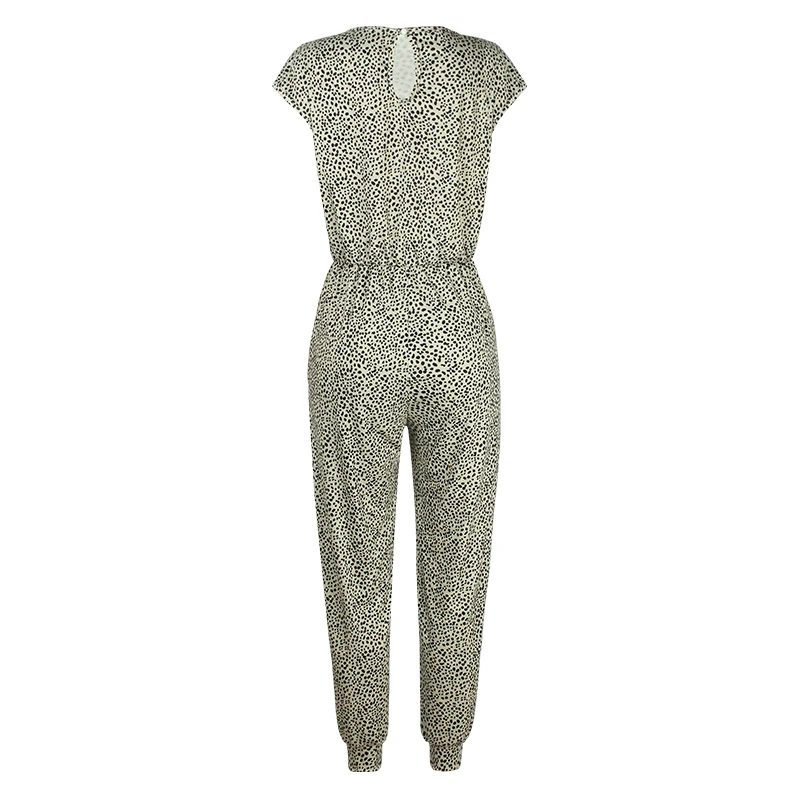 

Chifirena Summer Leopard Jumpsuit High Waist Draw string Playsuit Casual Loose Rompers Short Sleeve Overalls for Women 2021