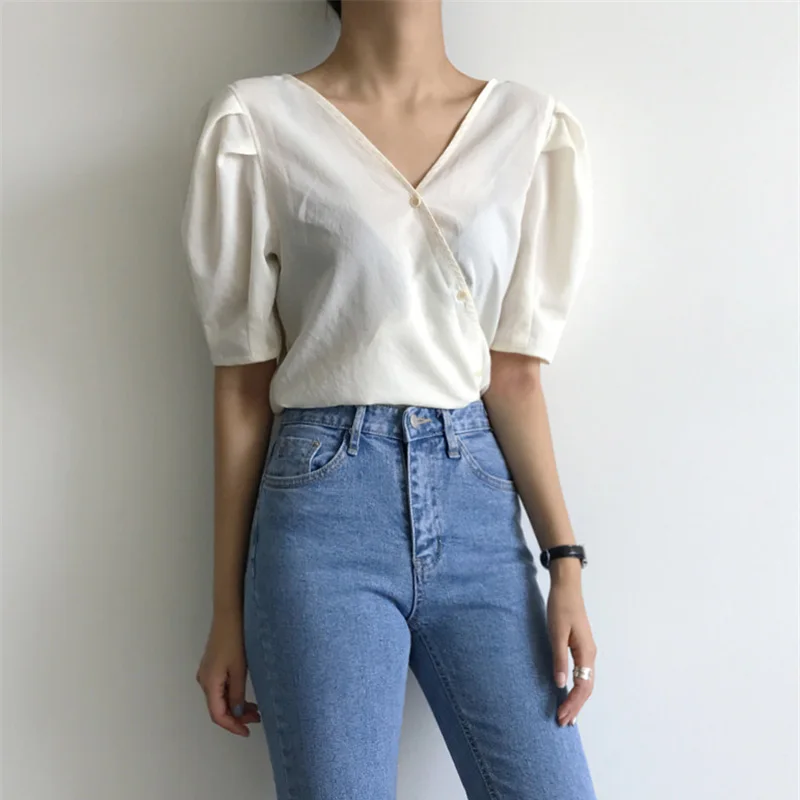 

2021 Summer Korean Solid V-Neck Blouse Femme Chic Office Lady Casual Retro Elegance New All Match Hot Shirts Tops