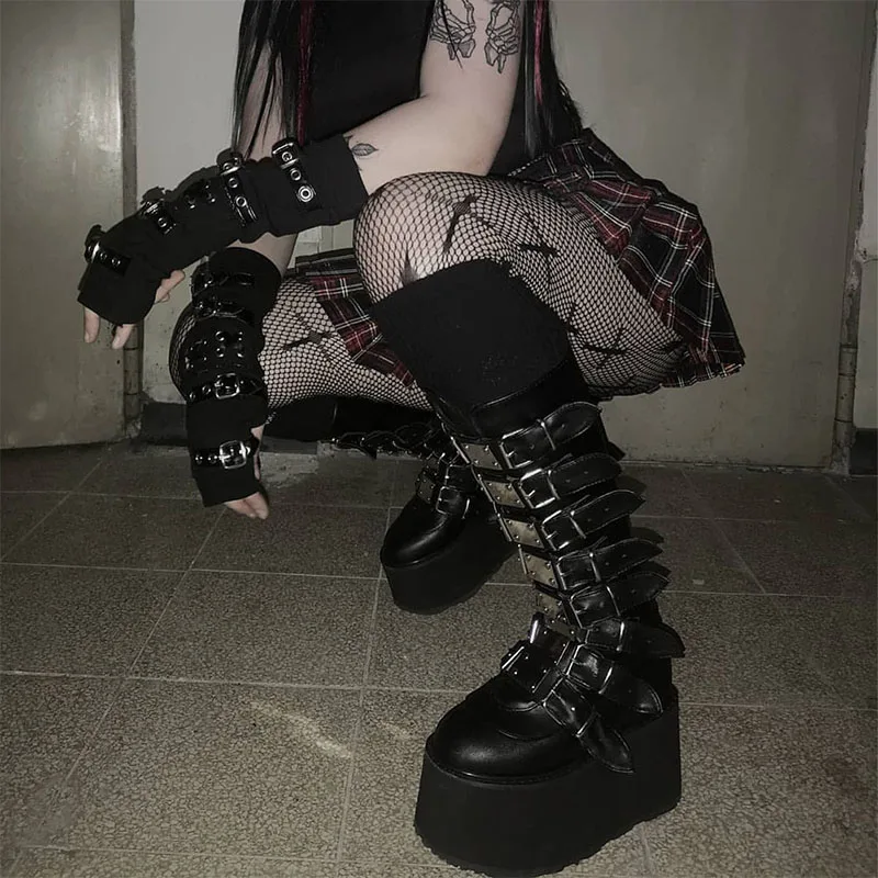 Punk Style Brand Ladies Motorcycle Boots Black Fashion Wedge High Heel Shoes Autumn Winter Gothic Demonias Platforms Woman Boots