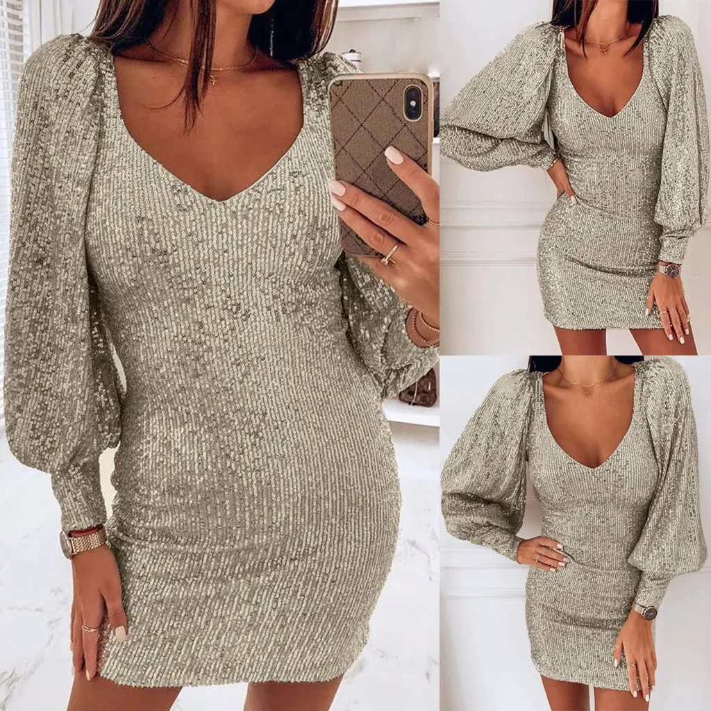 Женское Новое Сверкающее платье с блестками женское тонкое рукавами фонариками