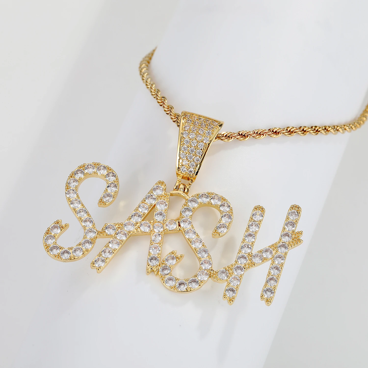 DOREMI New Hiphop Custom Name Cursive Writing Initial Letters Pendant Necklace Words Full Iced Cubic Zirconia Jewelry Chain