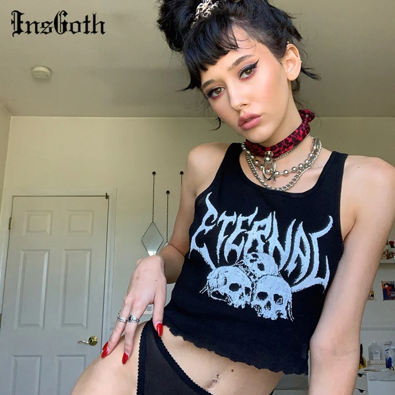 Кроп топ InsGoth женский в готическом стиле пикантный облегающий хлопковый с