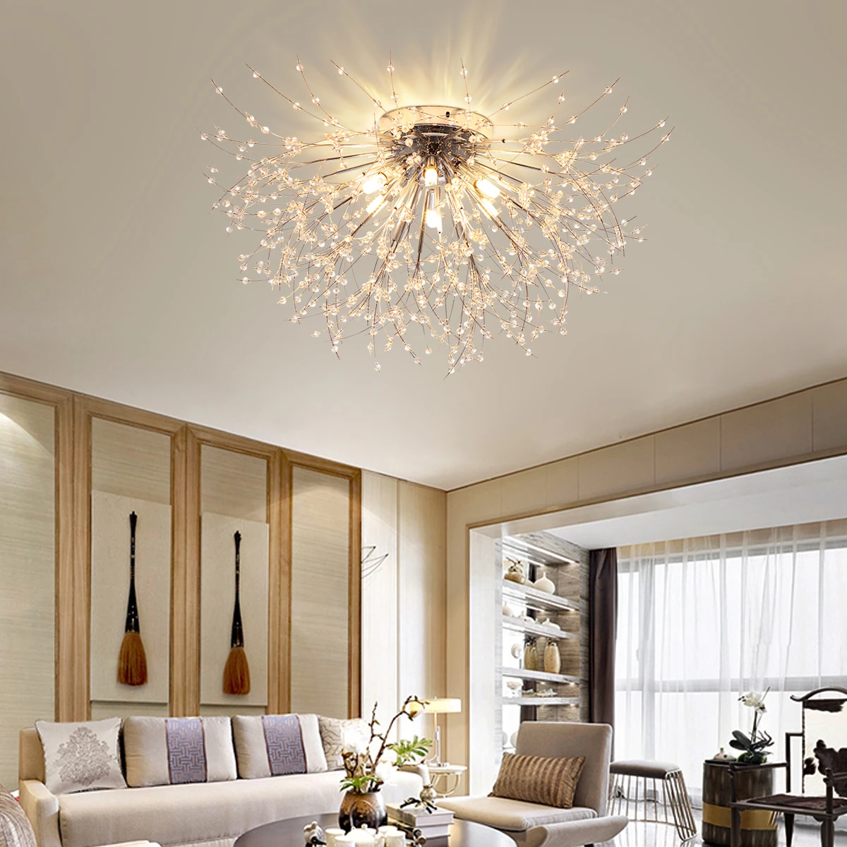 

Ganeed Firework Modern LED Crystal Ceiling Light Fixtures 6 G9 Chrome 4000K Ceiling Lamp for the Bedroom Livingroom