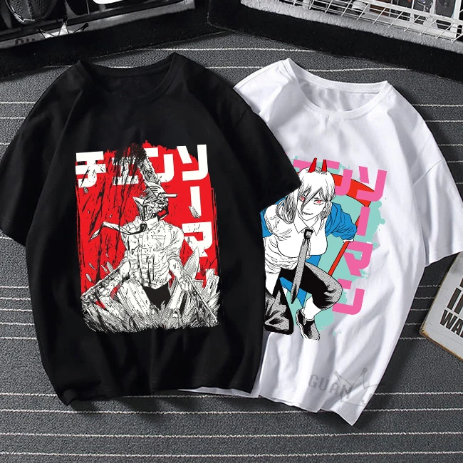 EU Size 100% Cotton Men T Shirt Chainsaw Man Tops Japan Style Anime Manga Summer Black Short Sleeved Tshirt Women