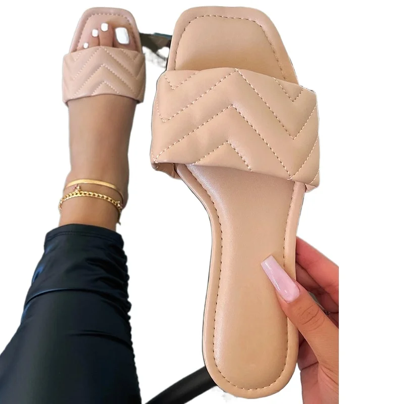 

Soft Leather Woven Slippers Women Summer 2021 Flat Heels Beach Casual Slides Shoes Woman Outdoor Sandals Flip Flops Muter