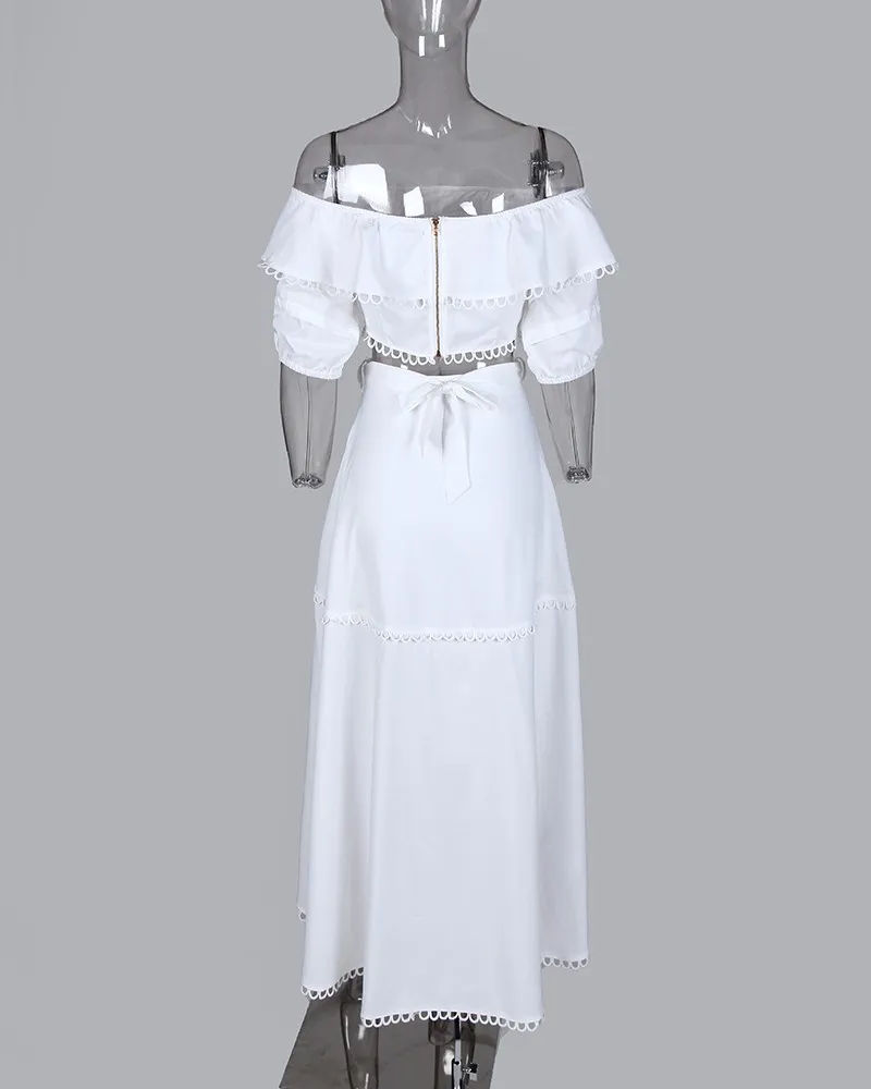 

Ladies Off Shoulder Ruffle Tops & Split Long Skirt Sets Women Solid Casual 2 Piece Set Outfits
