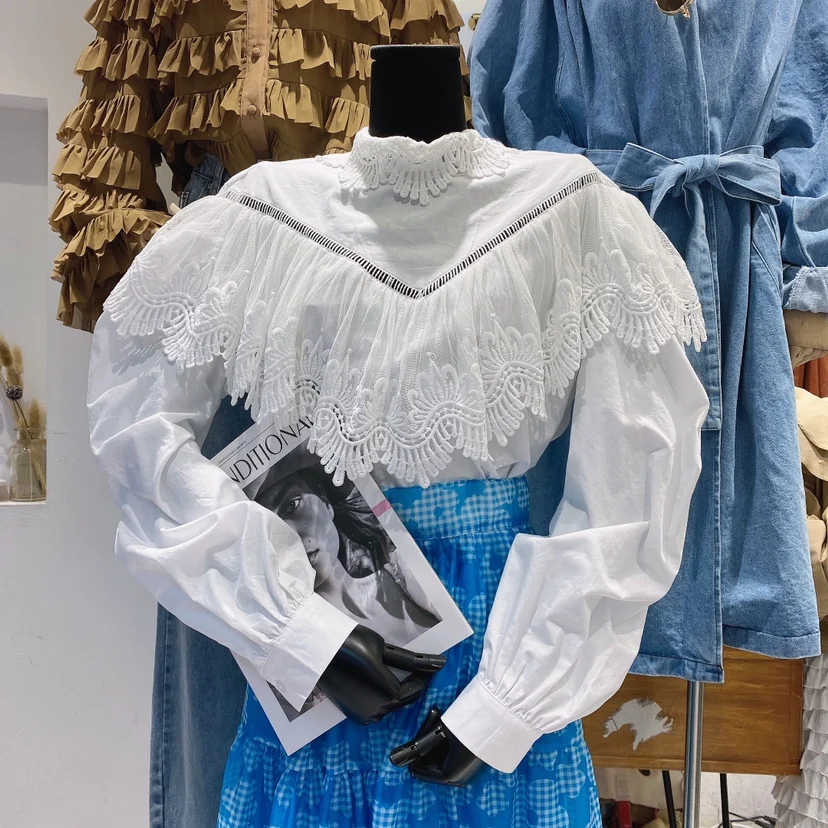

Elegant Sweet Stand Collar Ruffles Lace Stitching Shirt for Women 2021 Spring New Fashion Folds Blouse all-match Long Sleeve Top