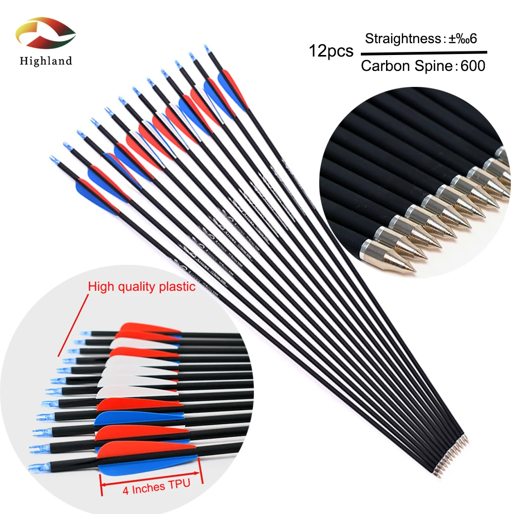 

Стрелы для стрельбы из лука 12 шт., 30 дюймов, 4 дюйма, перьевой стержень, 600 углеродные стрелы, составные Луки, охотничьи стрелы со сменными стрелами