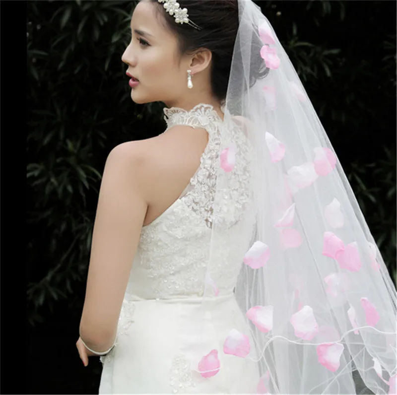

2020 New Petal Adorned Long Tulle Wedding Veil Cathedral Spring Bride's Veils