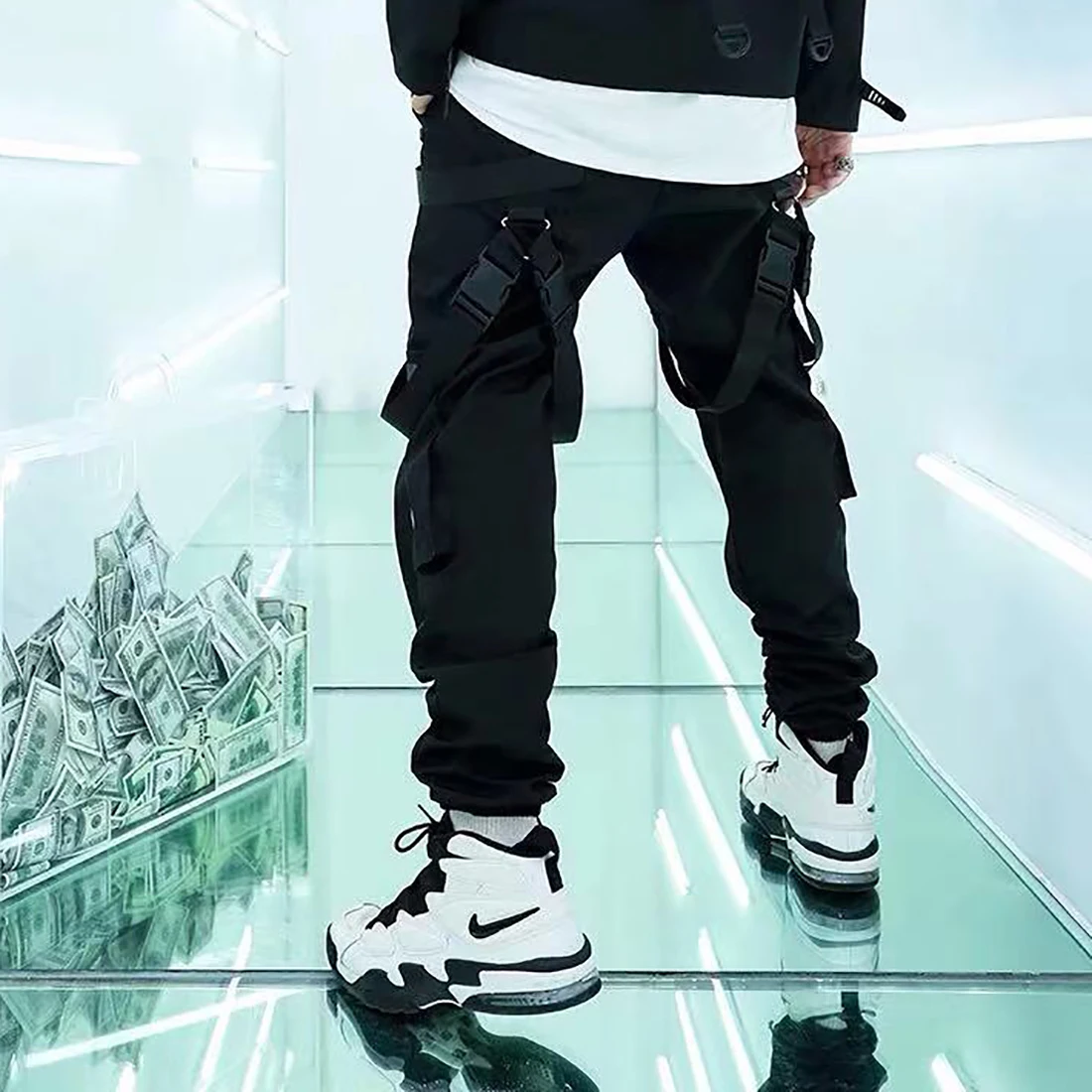 

ATSUNNY Ribbons Cargo Pants Pocket Casual Streetwear Harajuku Sweatpants Male Hip Hop Trousers