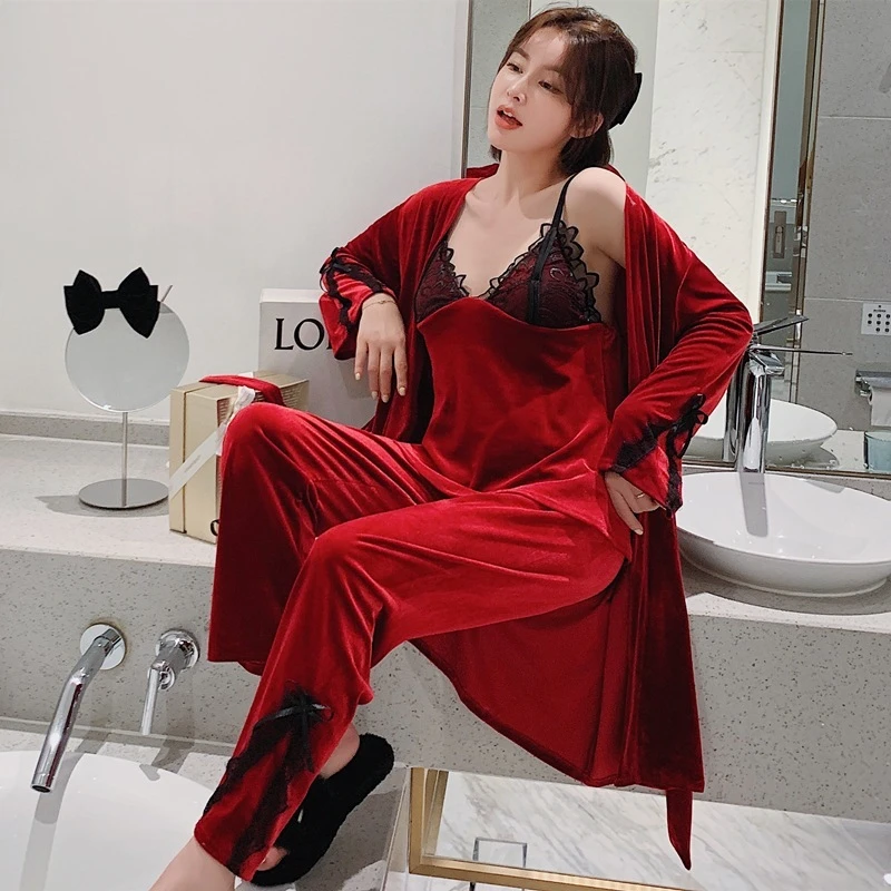 

2020 Autumn Cotton Pajamas Suit Sexy Suspander Nightgown Three-piece Home Wear Outside Winter Lace Princess with Breast Pad