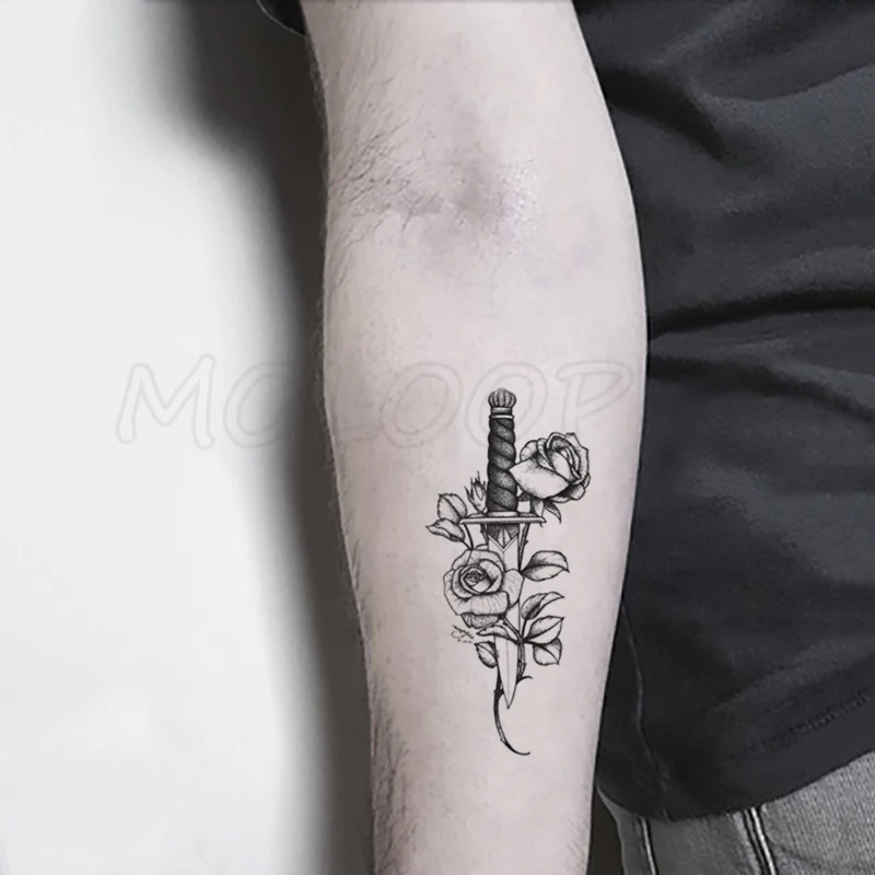 

Tattoo Sticker Dagger Sword Bud Rose Flower Element Anime Tatto Body Art Makeup Waterproof Temporary Women and Men