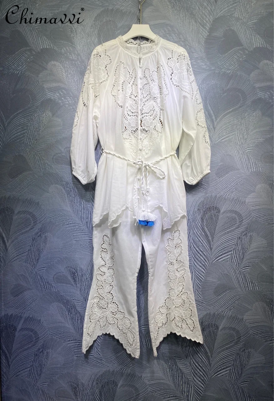 

2021 Summer New Style Women Solid Color Hollow Flower Lace Ruffled Top with Belt High Waist Long Pants Two Piece Suit