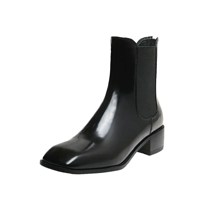 

2020 Genuine Leather Ladies Ankle Boots Female Elastic Band Thick med Heels women boots Winter Night Club Party Shoes Woman