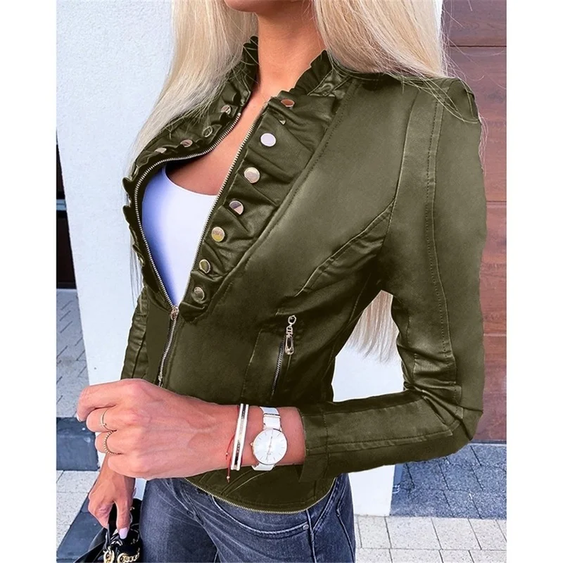 Women Fashion Autumn Jacket Cool Faux Leather Long Sleeve Zipper Fitted Motor Biker Coat Outwear Female Fall Short Jacket New
