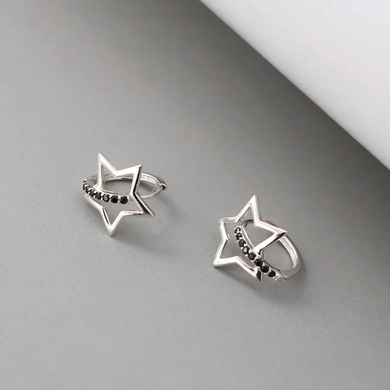 Реальные 925 стерлингового серебра серьги в форме полой звезды черный круглый