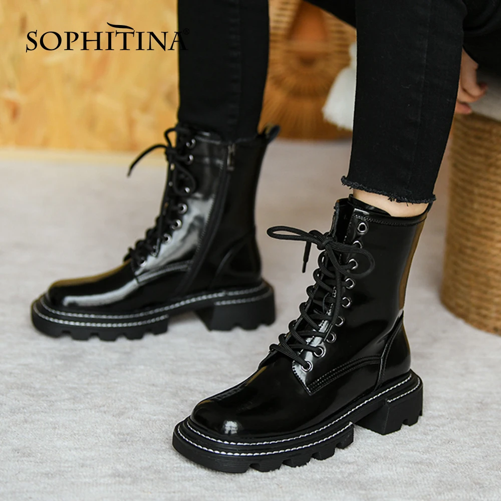 

Женские ботильоны SOPHITINA, уличная однотонная обувь на шнуровке, удобные кожаные сапоги премиум-класса, HO873