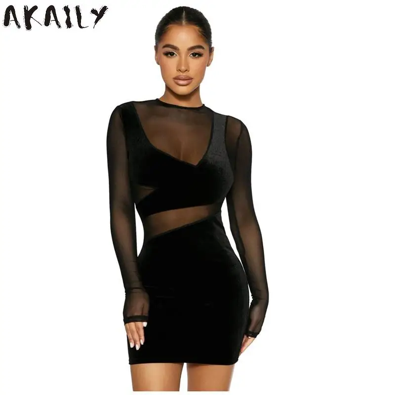

Осенние черные сетчатые сексуальные платья Akaily для женщин 2021 вечерние чное лоскутное вечернее мини-платье, женское облегающее короткое пла...