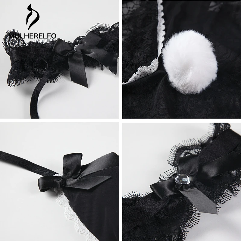 

Women Lace Sexy Bodysuit 3-Piece Set Hair Band Leg Ring Bow Perspective Sleepwear Bunny Girl Uniform Seduction Erotic Homewear
