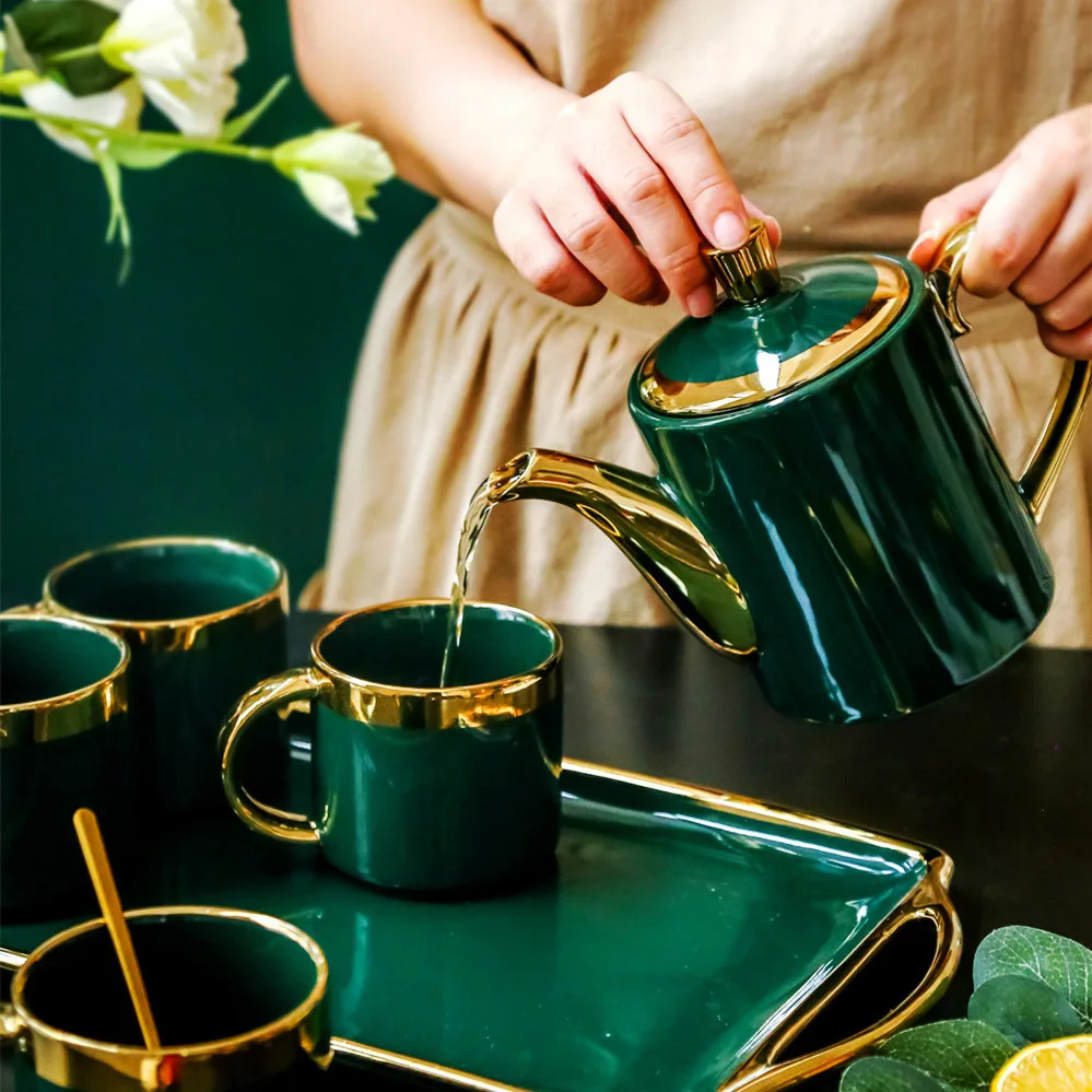 

Northern Europe Tea Set 6 Piece Suit Household Simple Dark Green Ceramic Teacup Teapot Kungfu Tea Set with Tray