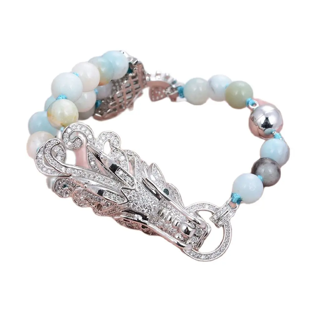 

GG Jewelry 8" 8MM Multi Color Amazonites Bracelet Dragon CZ Pave Connector Handmade For Women